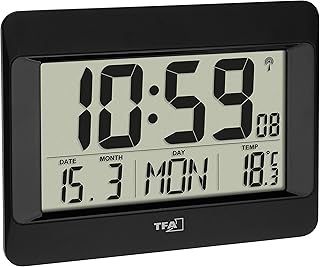 TFA Dostmann Digital Wall, 60.4519.01, Radio-Controlled Clock with Indoor Temperature, Day of The Week (8 Languages), Date, Time Zone Setting, Black, (L) 215 x (B) 160 x (H) 26 (68) mm