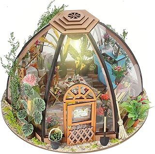 Miniature DIY Dolls House Kit, Miniature Greenhouse Craft Kit for Adults, LED Warm Light, Handmade Crafts for Adults Birthday Valentine's Day Father's Day(Starry Flower House)