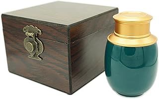 ZHIQIYI Keepsake Urn, Small Urns for Human ashes, Handmade Ceramic Double Alloy Sealing Lid, with Woodgrain Box, Display Burial at Home or Office Decor(Dark green)