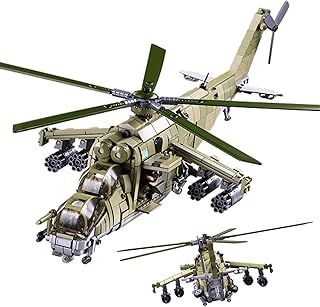 MI-24 Attack Helicopter Building Set - 893 PCS 1:30 Scale Military Gunship Model, Battle Brick WW2 Army Toy Set with 3 Toy Soldiers