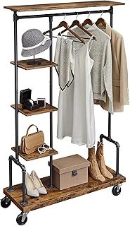 VASAGLE Clothes Rack, Clothing Rack on Wheels, 5-Tier Garment Rack with Metal Pipes, for Bedroom, Store, Laundry Room, Living Room, Rustic Brown and Black HSR66BXV1
