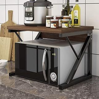 2 Tiers Microwave Oven Shelf Stand for Countertop, Kitchen Spices Storage Rack Unti Shelving Desktop Printer Rack Free Standing for Home Office Metal Frame with Wood Tabletop