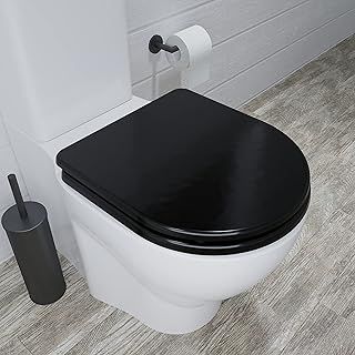 Croydex Iseo Flexi-Fix D Shaped Soft Close Toilet Seat - Quick Release Button for Easy Cleaning and Adjustable Hinges with Top & Bottom Fixings Included, Antibacterial Wooden Toilet Seat (Black)