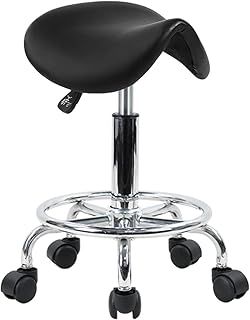 KKTONER Saddle Stool with Foot Rest PU Leather Swivel Adjustable Rolling Stool with Wheels Facial Salon Chair (Black)