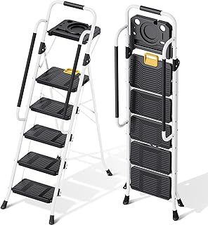 KINGRACK Folding 5-Step Ladder, 800 lbs Capacity Step Stool with Safety Lock, Tool Tray, Non-Skid Wide Steps, Handrail, Household Ladder for Home, Garden, Painting, Outdoor, and Garage Use, White