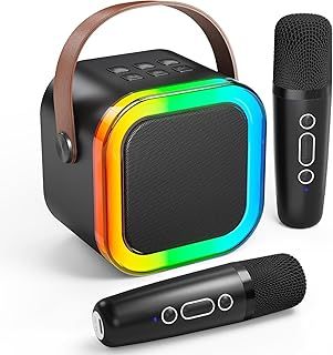 Mini Karaoke Machine for Kids Adults, Portable Bluetooth Speaker with 2 Wireless Microphones, 4 Voice-Changing Effects and LED Lights, Kids Toys & Birthday Gifts, Party Singing Set for Boys Ages 4-12+
