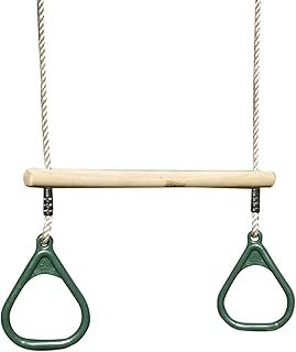 Reboยฎ Childrenโs Wooden and Plastic Gymnastic Trapeze Bar Replacement Swing with Kids Gym Rings - Green | Wooden Trapeze Bar | OutdoorToys | 2 Plastic Gym Rings (Width 165mm)