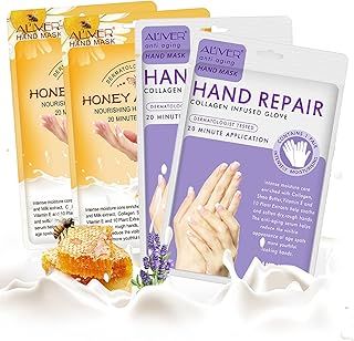 Hand Mask, 4 Pairs Moisturizing Hand Mask Hand Skin Repair Renew Mask that Enriched with Collagen, Shea Butter, and Vitamin-E to Revive Dry, Rough and Cracked Skin (2 Lavender +2 Honey)