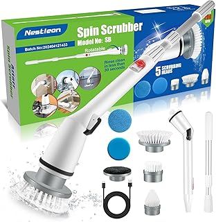 Electric Cleaning Brush & Spin Scrubber - Cordless Rechargeable Scrubbing Brush with 5 Replaceable Heads, Adjustable & Detachable Handle, IPX5 Waterproof for Bathroom Tiles, Kitchen, Floors